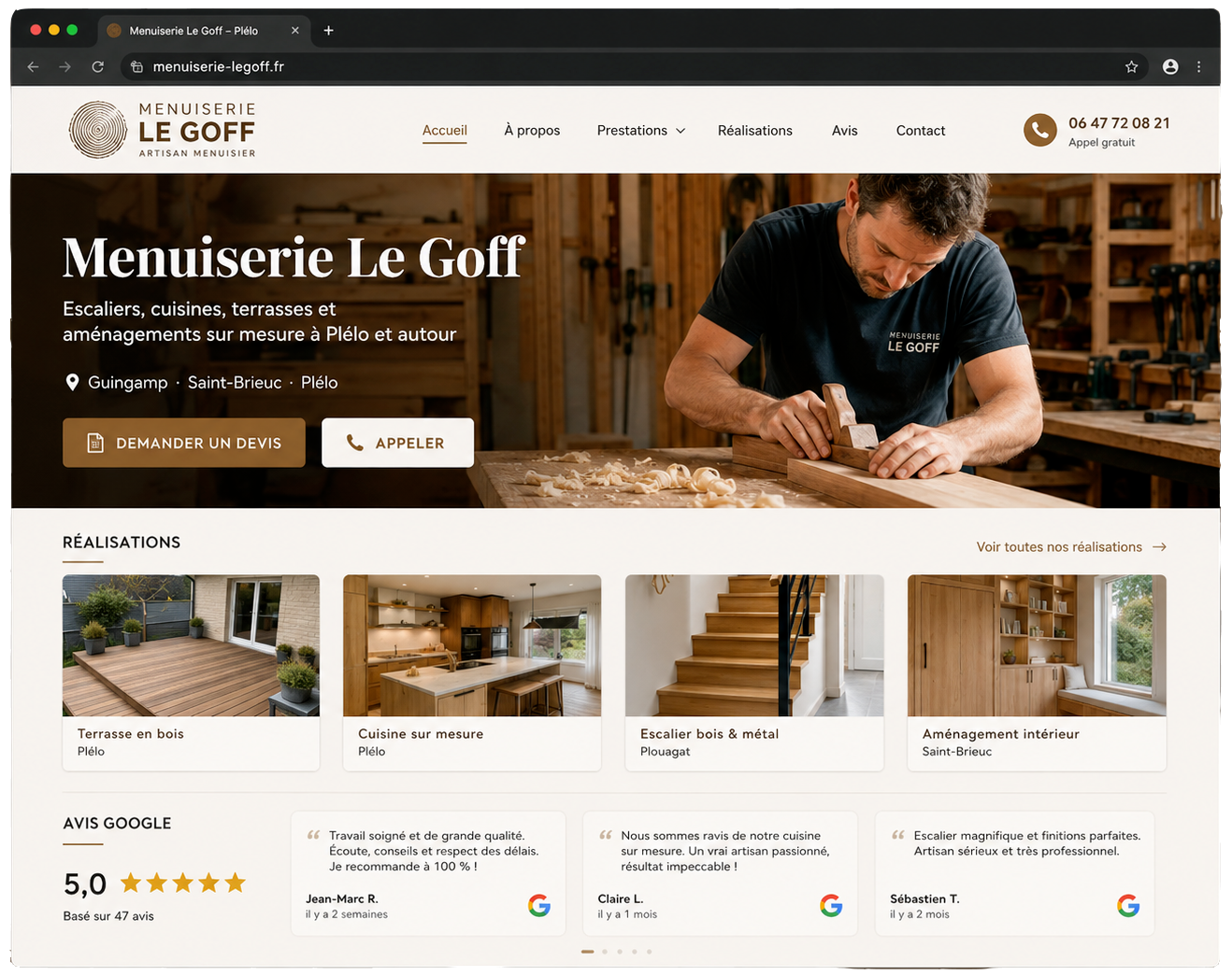 Exemple de site internet créé par Tyguide pour une menuiserie locale : page d'accueil avec photo de l'artisan, réalisations et avis Google